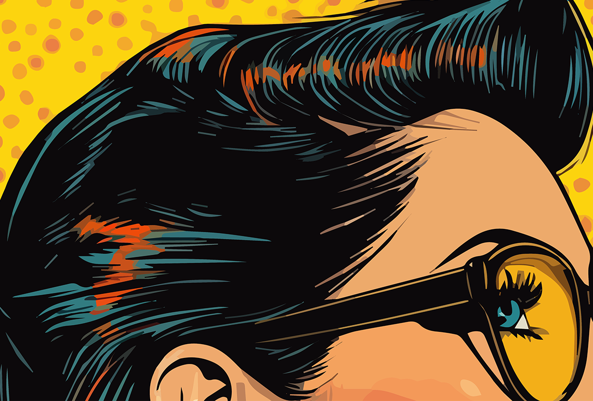 Top of a woman's head and hair in profile, in pop art style.