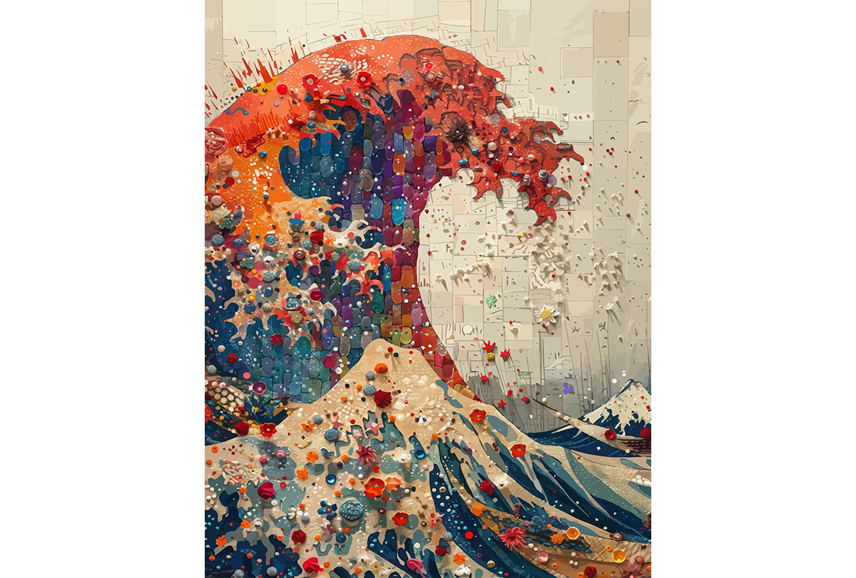 A textured wave in the compositional style of the famous woodcut: Great Wave off Kanagawa by the Japanese artist Hokusai.