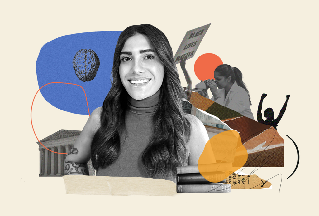 Collage illustration with a portrait of Mia Thomaidou.