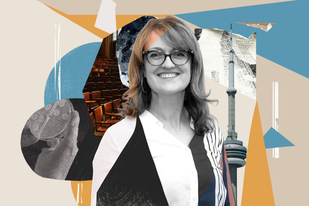 Collage with a portrait of Suzanne Wood.