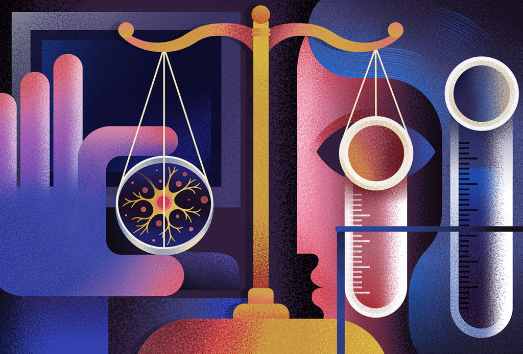 Illustration of scale balancing Petri dish and test tubes