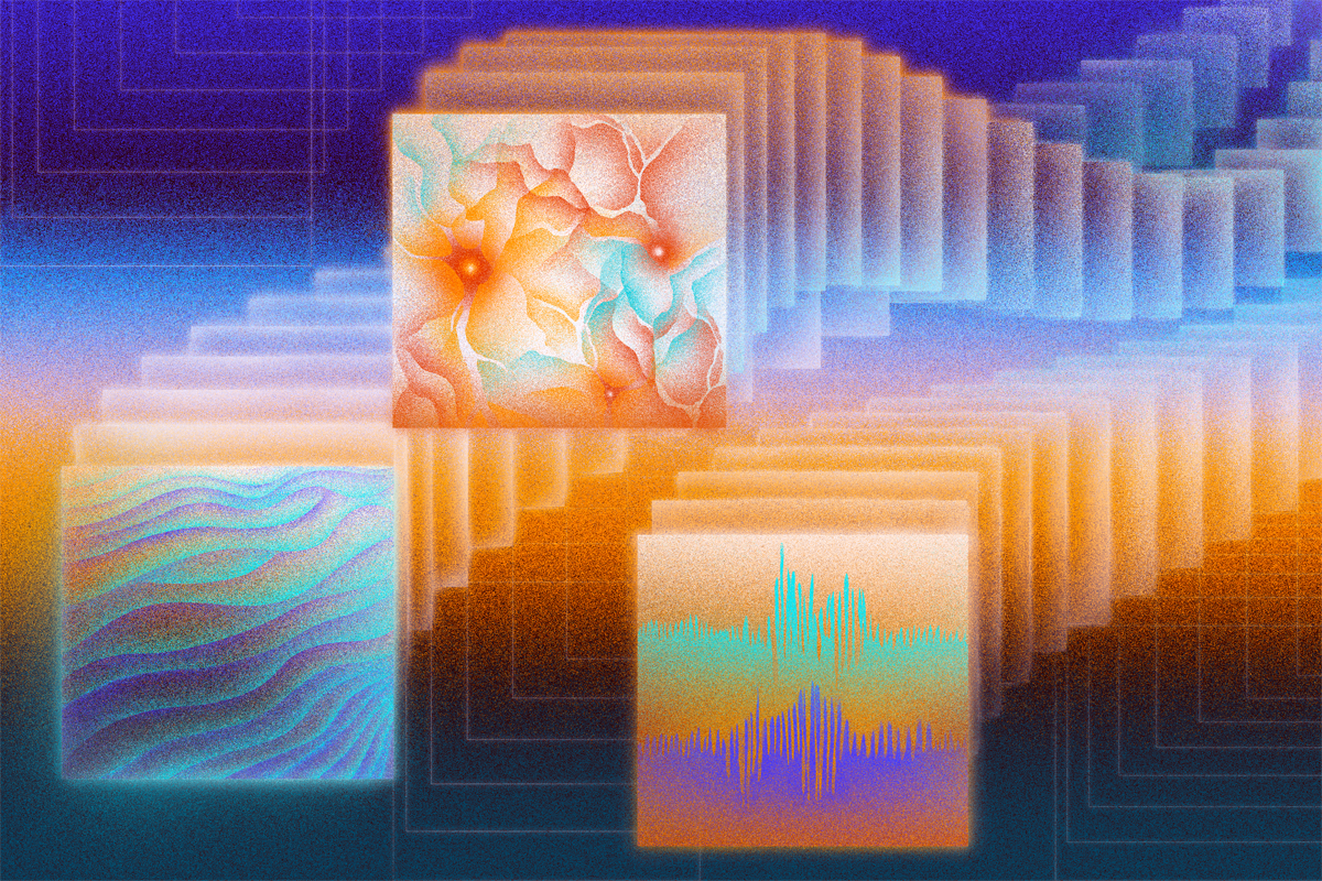 Illustration of pixelated AI models.