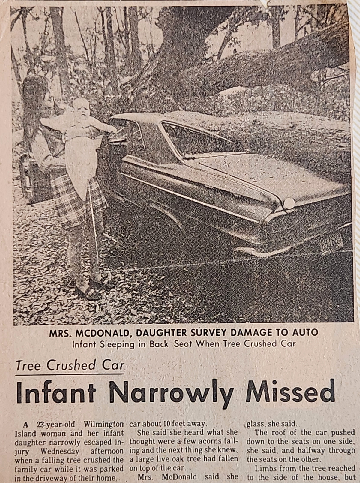 Newspaper article with headline reading Infant Narrowly Missed.