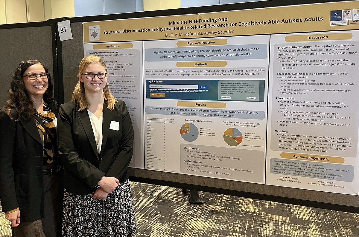 Tempest McDonald and Audrey Scudder stand next to a poster at a conference.