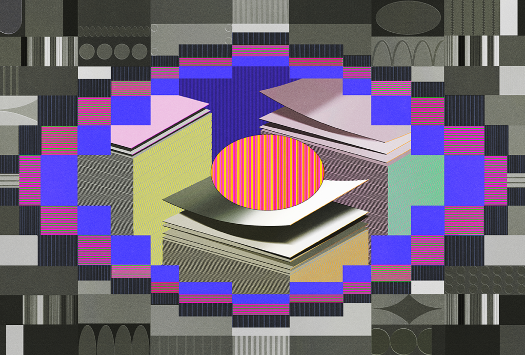 Illustration of pixelated eye and stacks of paper