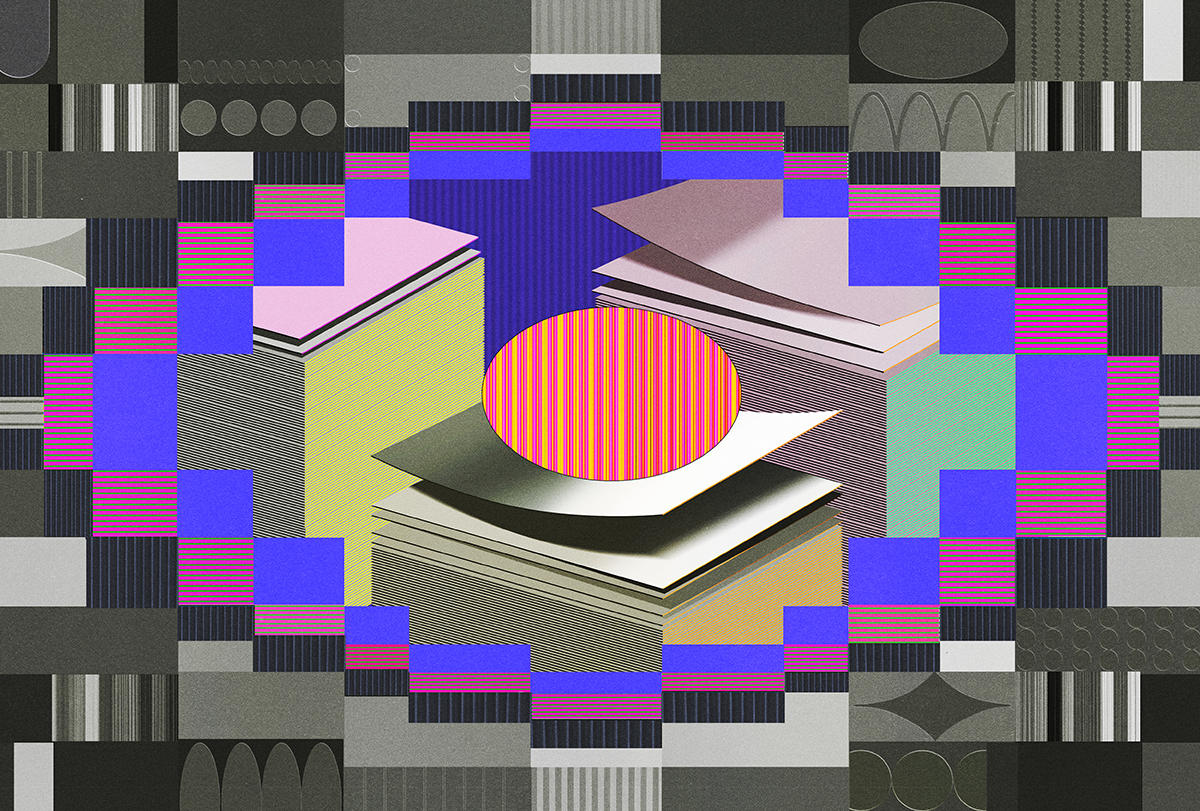 Illustration of pixelated eye and stacks of paper