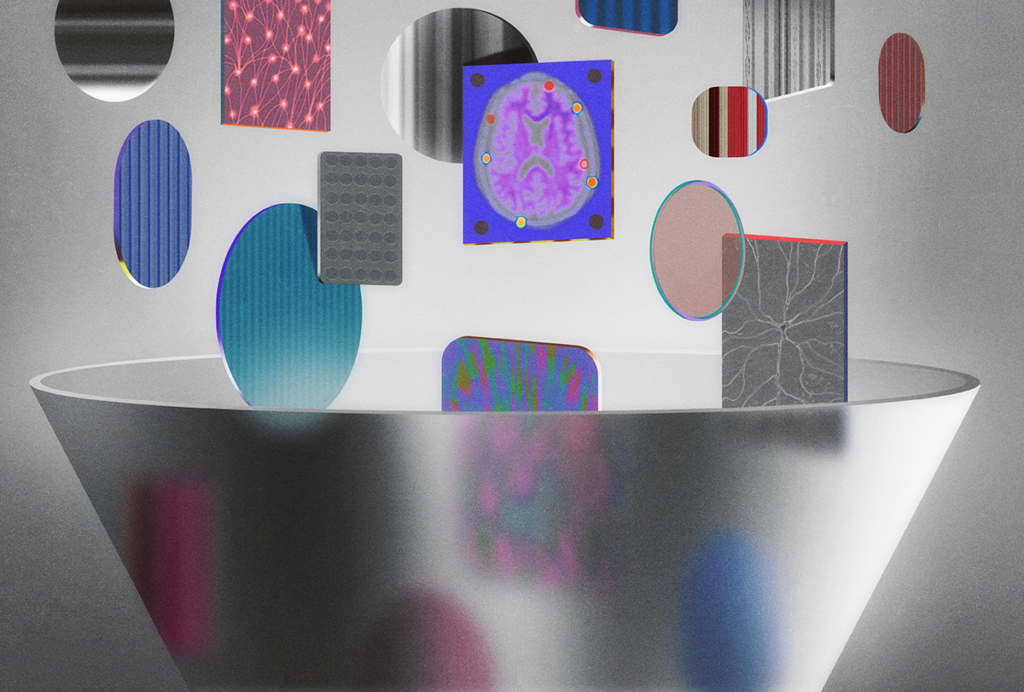 a funnel collects falling images and objects related to various fields of neuroscience