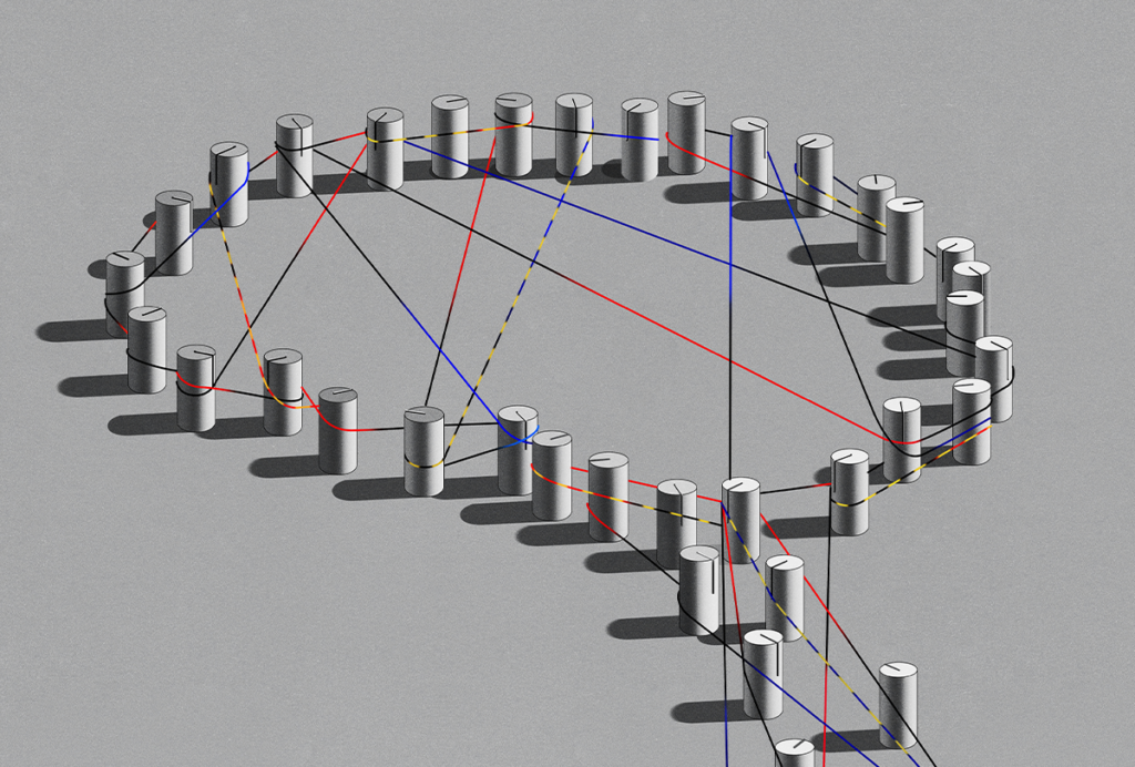 A brain shape outlined in cylindrical dials with multi colored wires stretched between them.