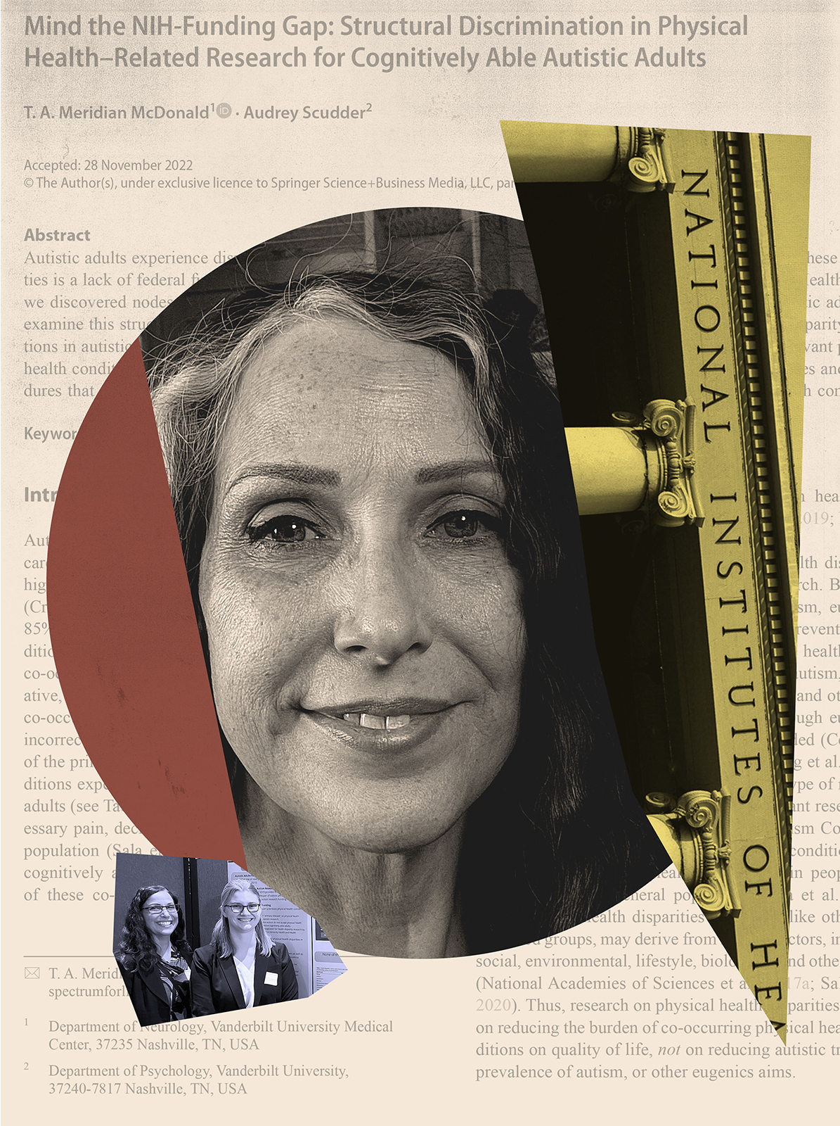 Photo collage featuring a portrait of Tempest McDonald.