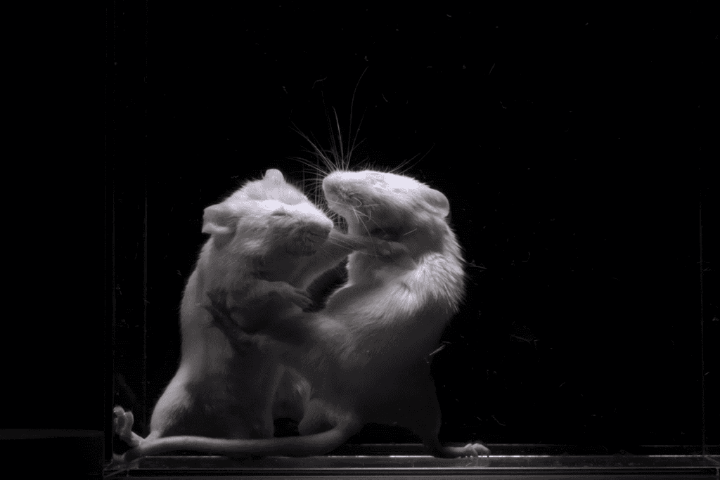 Two lab mice fighting.