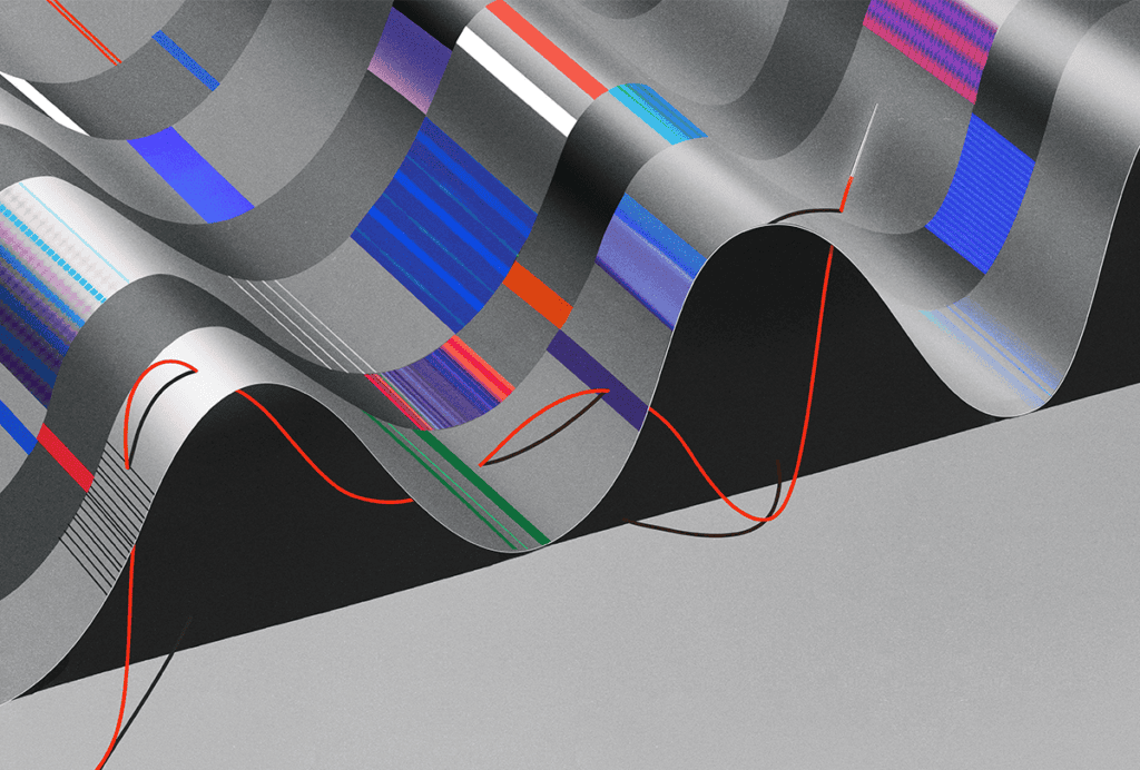 Illustration of needle sewing through multicolor strips.