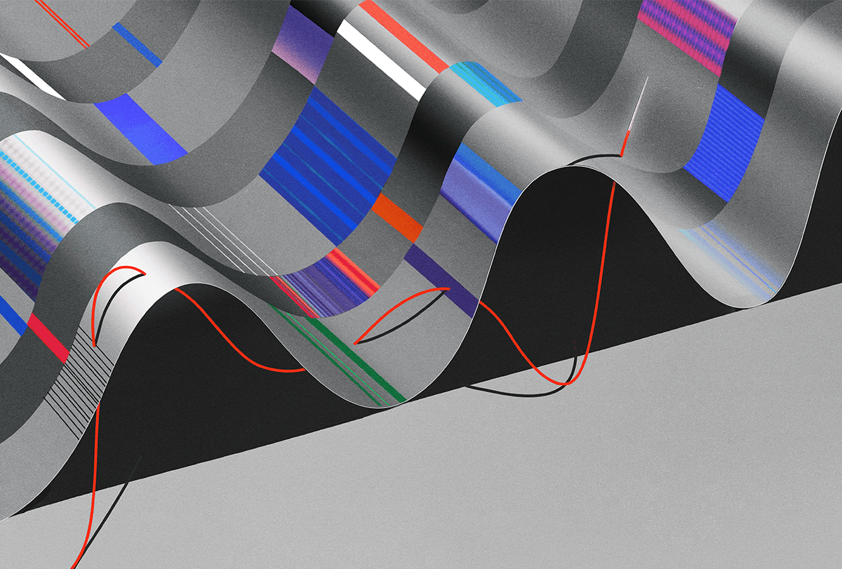 Illustration of needle sewing through multicolor strips.