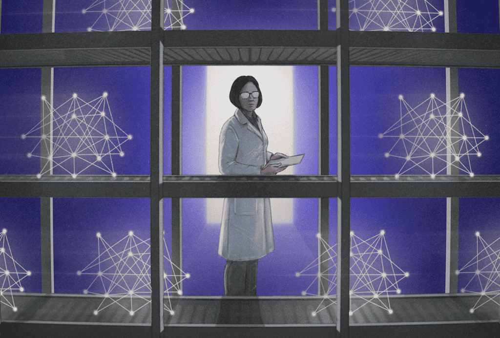Illustration of scientist in lab coat looking at shelves of computer network models.