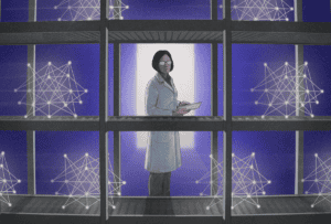 Illustration of scientist in lab coat looking at shelves of computer network models.