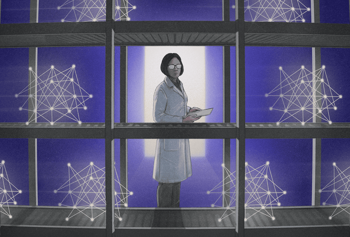 Illustration of scientist in lab coat looking at shelves of computer network models.