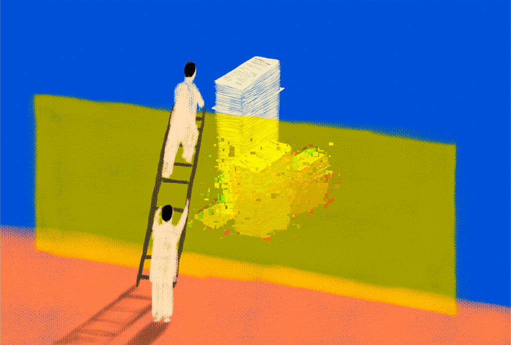 Illustration of scientists climbing over a barrier to reach publications.