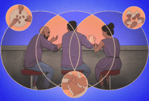 Illustration of Middle Eastern neuroscientists talking at a bar, eating baklava.