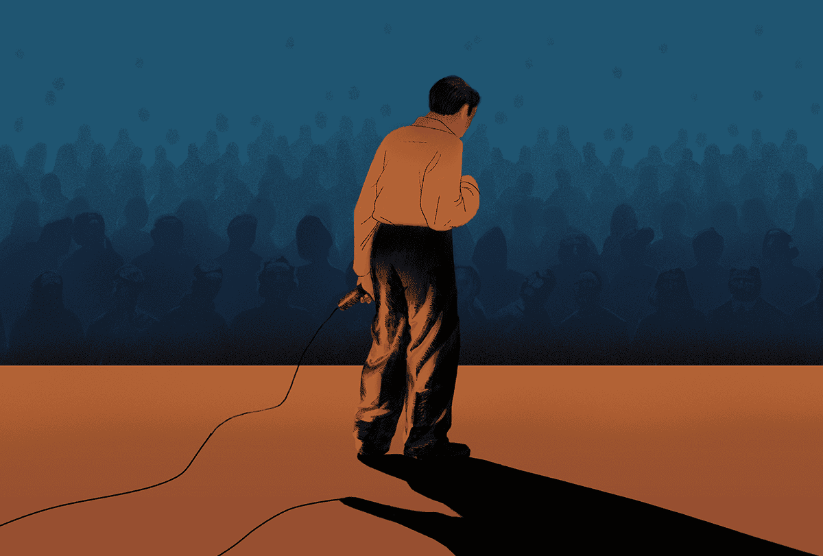Illustration of man holding a microphone facing an audience.