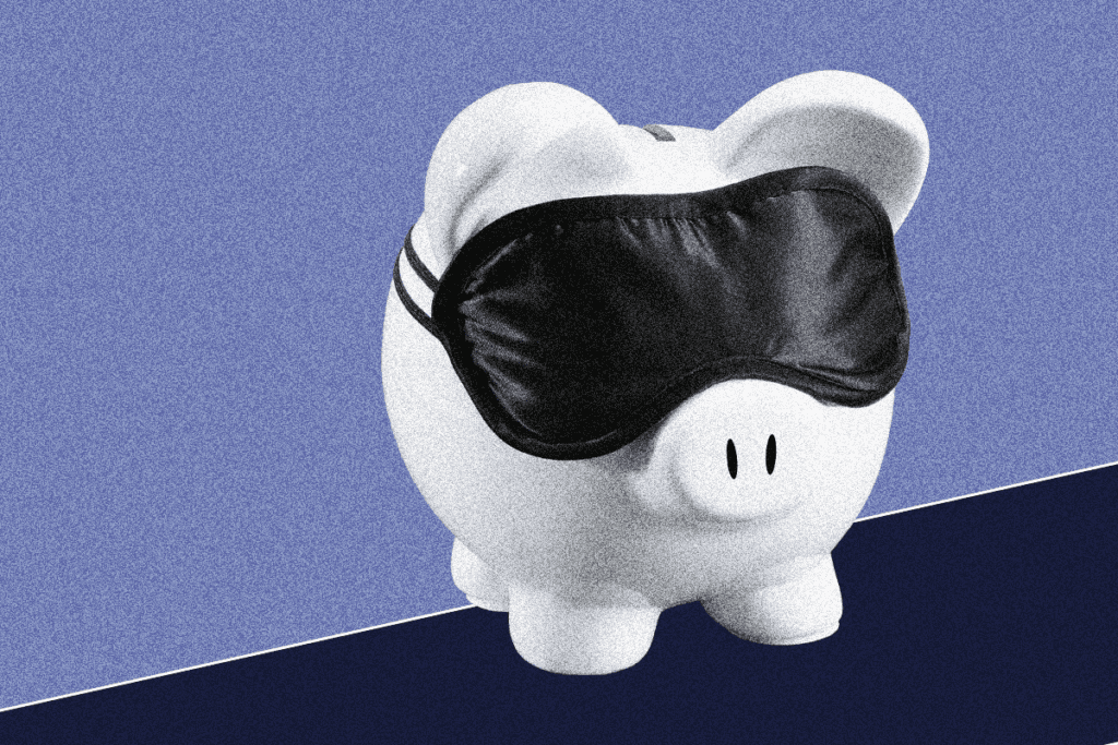 Piggy bank with blindfold.