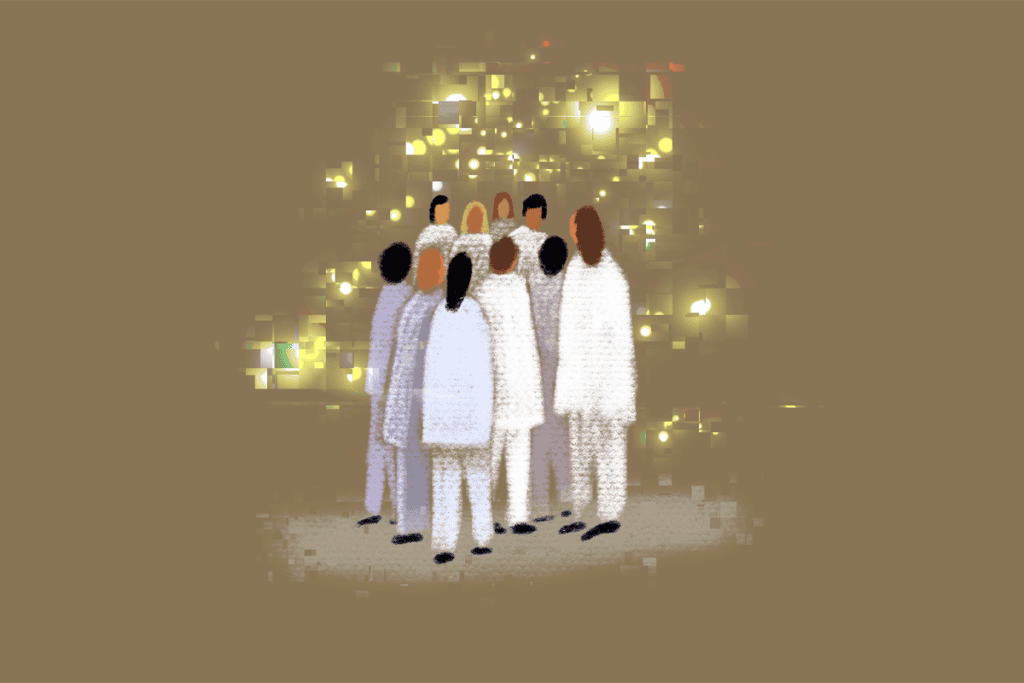 Pixelated researchers stand underneath floating lights.