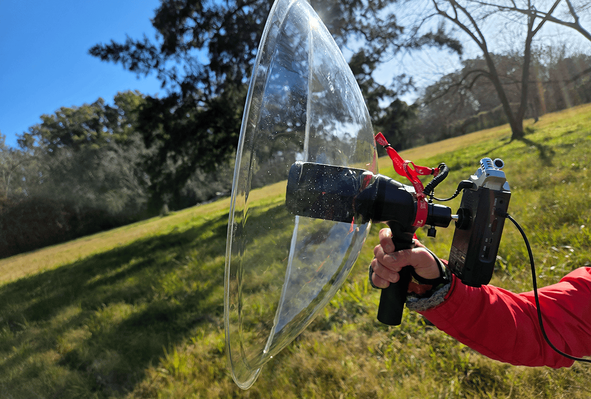 Researcher holding a microphone outdoors.