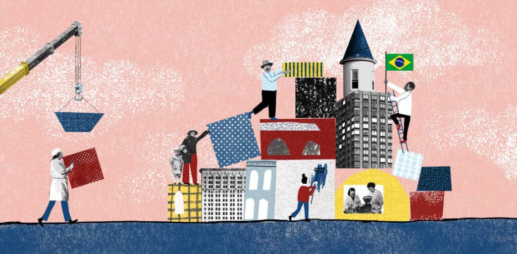 Ilustração de várias pessoas construindo uma cidade, com uma bandeira do Brasil visível.