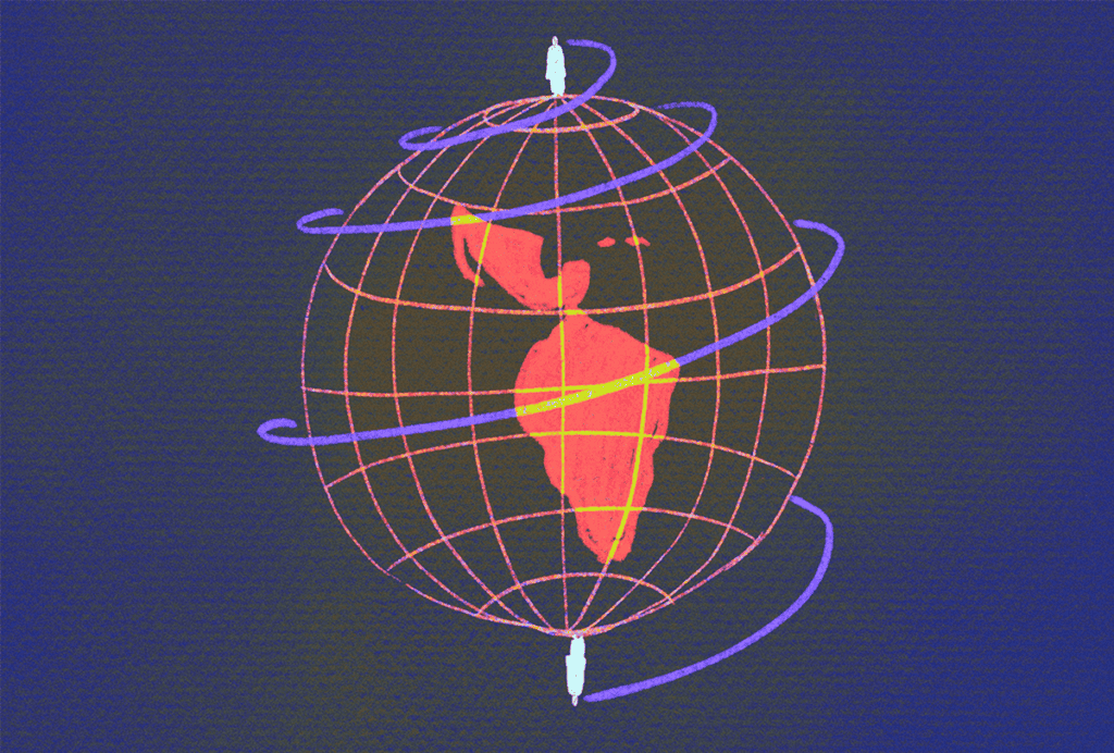Illustration of the globe with 2 scientists each standing on the poles.