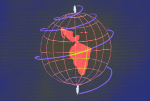 Illustration of the globe with 2 scientists each standing on the poles.
