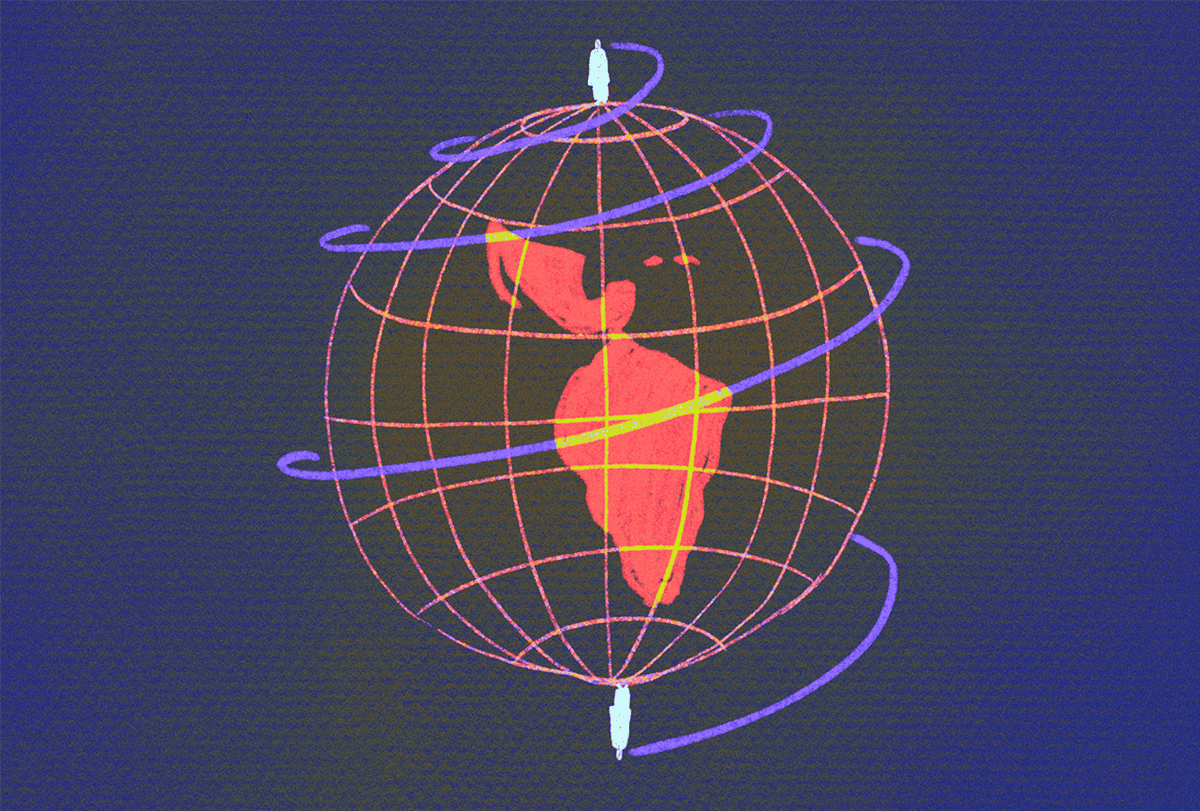 Illustration of the globe with 2 scientists each standing on the poles.