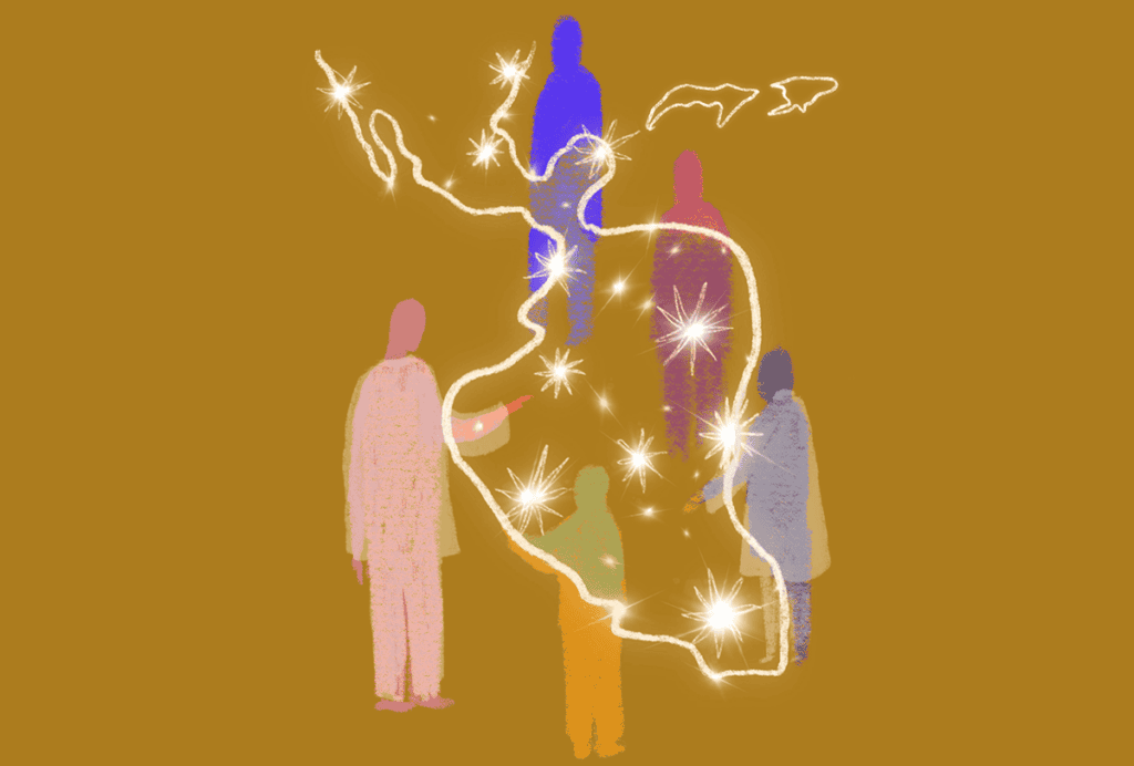 Five researchers gather around a floating outline of the geography of Latin America.