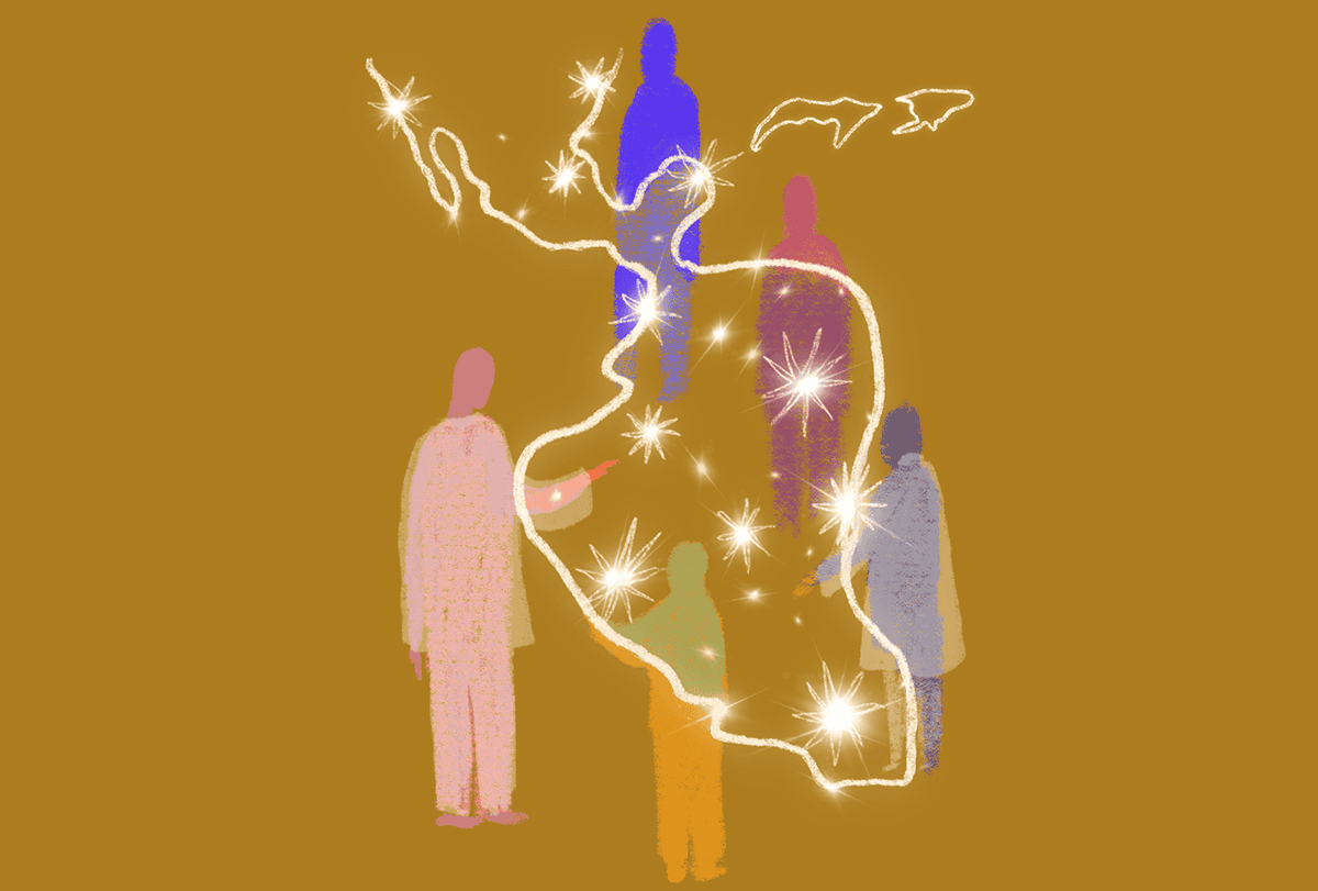 Five researchers gather around a floating outline of the geography of Latin America.