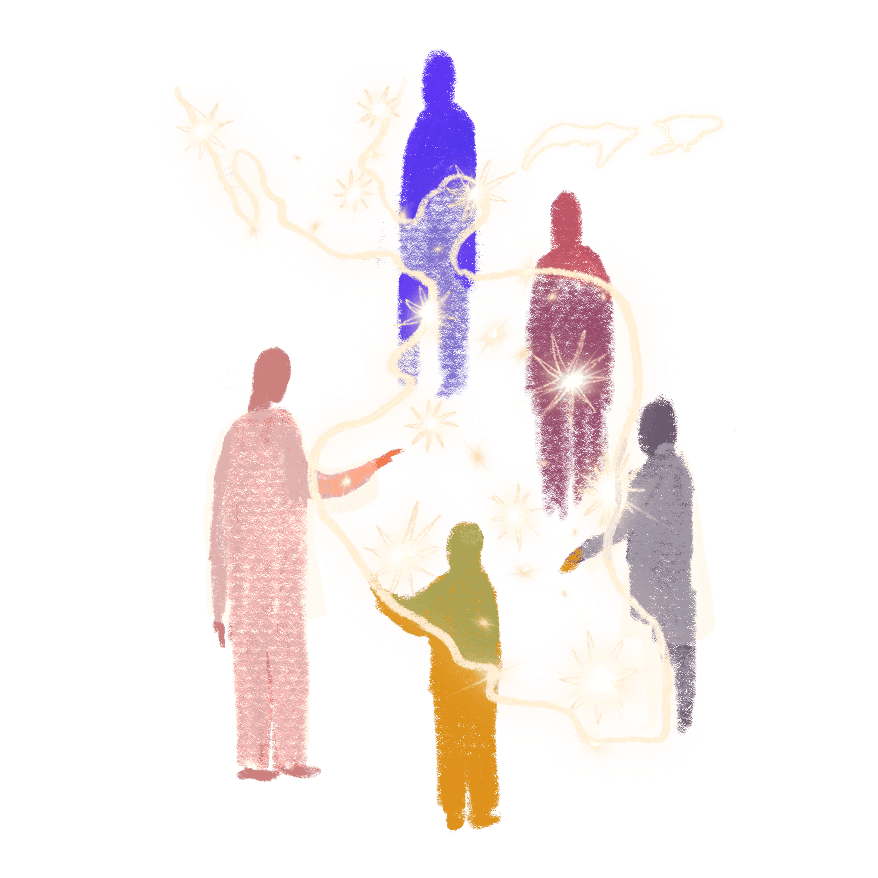 Illustration of researchers standing around an outline of Latin America.