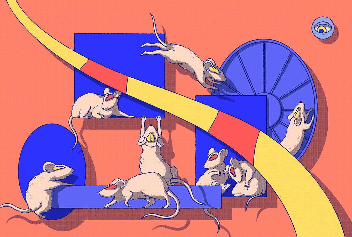 Mice playing, engaged in learning and memory: some of their brains are yellow, and some are red, matching a red and yellow legend that runs through the image to underscore both memory and learning.
