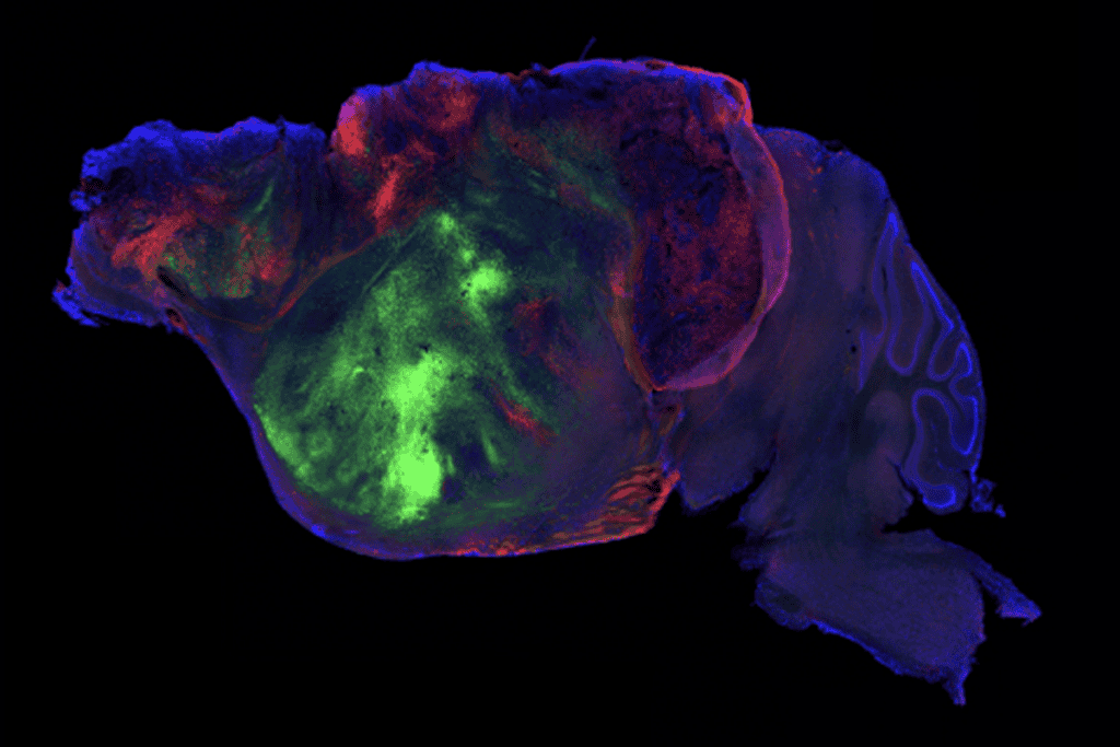 Nerve fibers from the human graft in mouse brain.