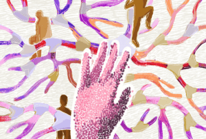 Illustration of a hand over a network.