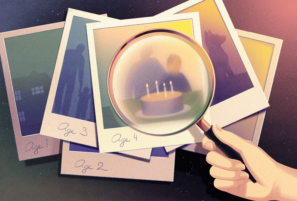 Illustration of magnifying glass over a polaroid of a child's birthday.