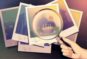 Illustration of magnifying glass hovering over blurry polaroids representing different memories, including one of a child's birthday.
