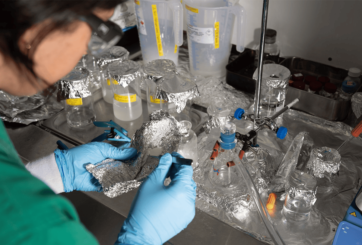 Researcher working at the bench.