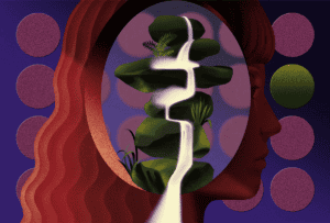 Illustration of waterfall inside a woman's brain.