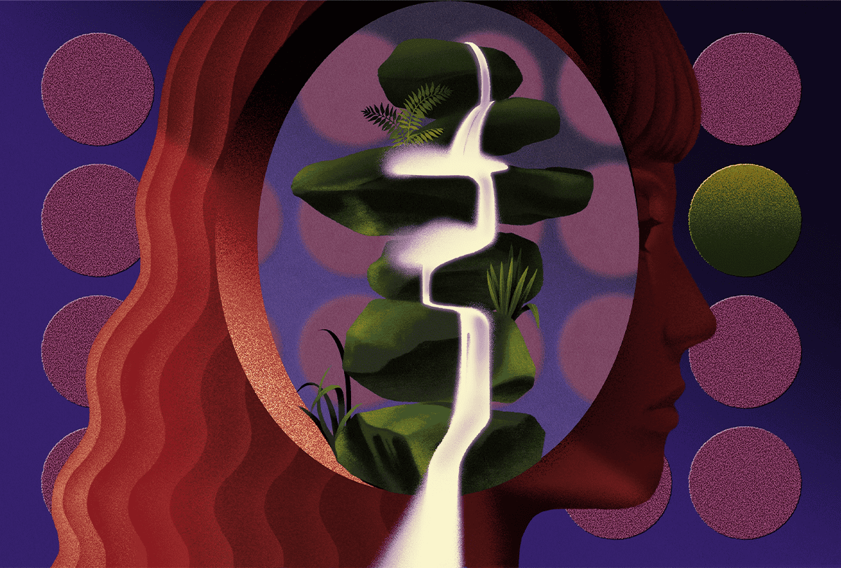 Illustration of waterfall inside a woman's brain.