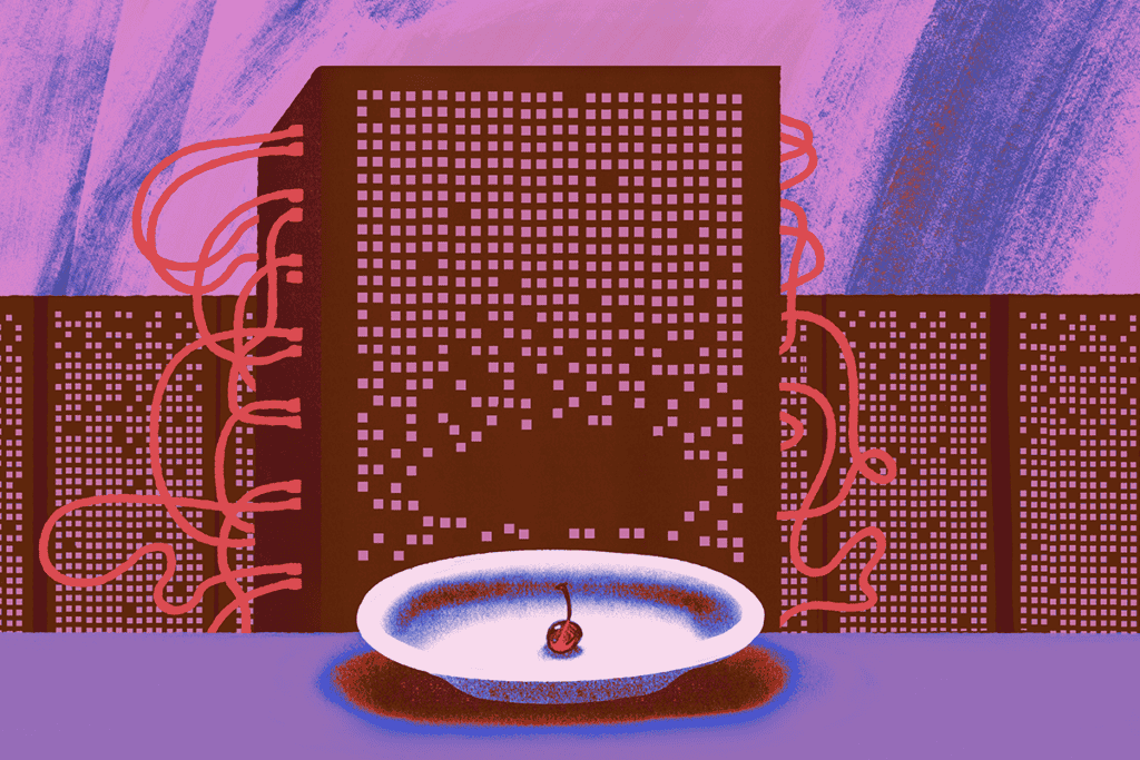 Illustration of a plate with a cherry in front of a computer server.