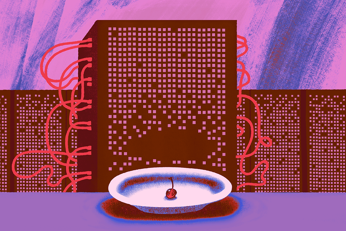 Illustration of a plate with a cherry in front of a computer server.