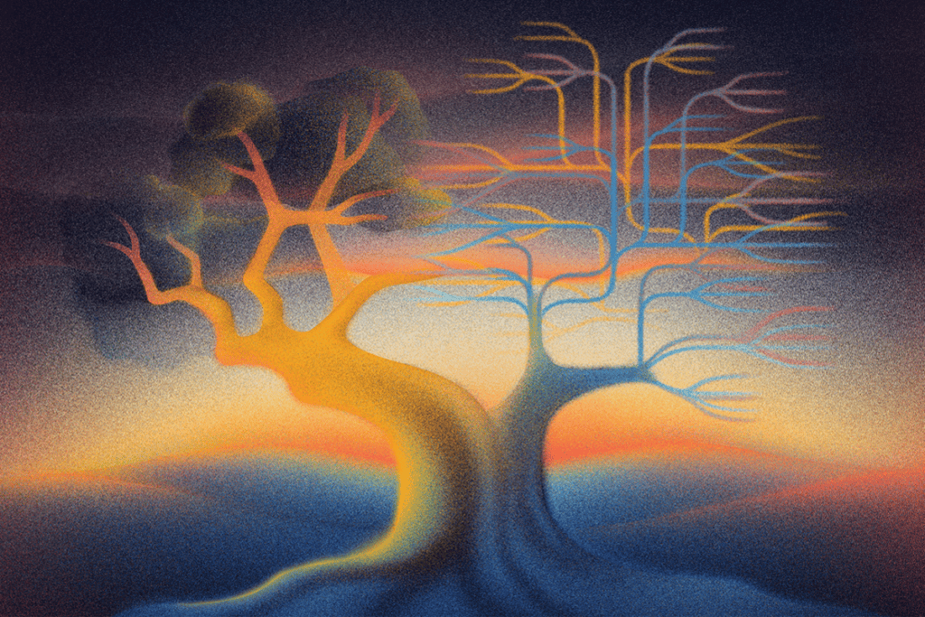 Illustration of botanical tree and computer tree growing apart.