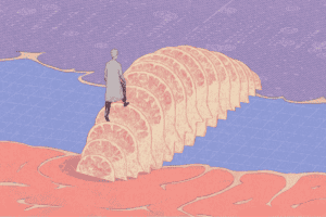 Illustration of a person walking over a bridge shaped like minds.
