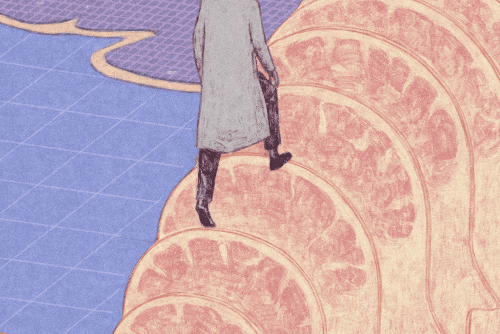 Illustration of a person, shown from the torso down, walking over a bridge shaped like minds.
