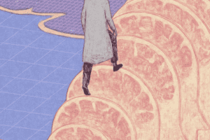 Illustration of a person, shown from the torso down, walking over a bridge shaped like minds.