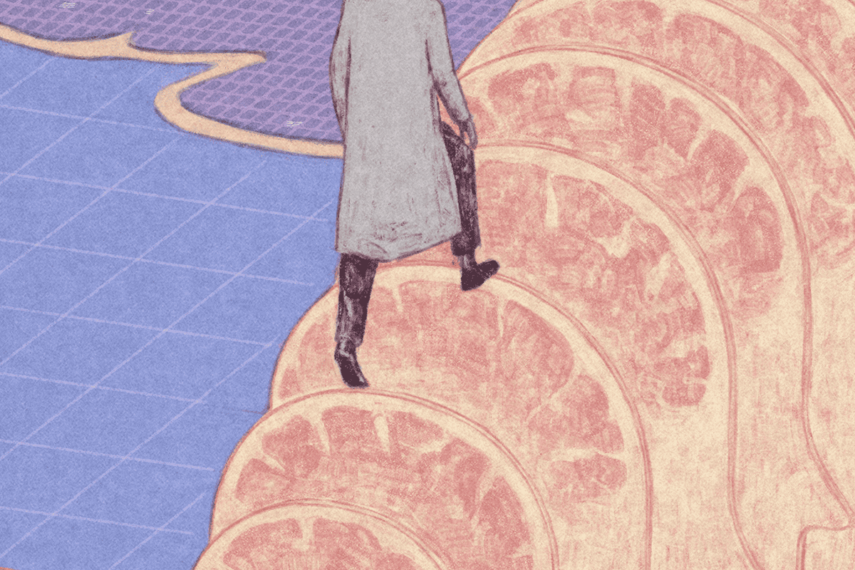Illustration of a person, shown from the torso down, walking over a bridge shaped like minds.