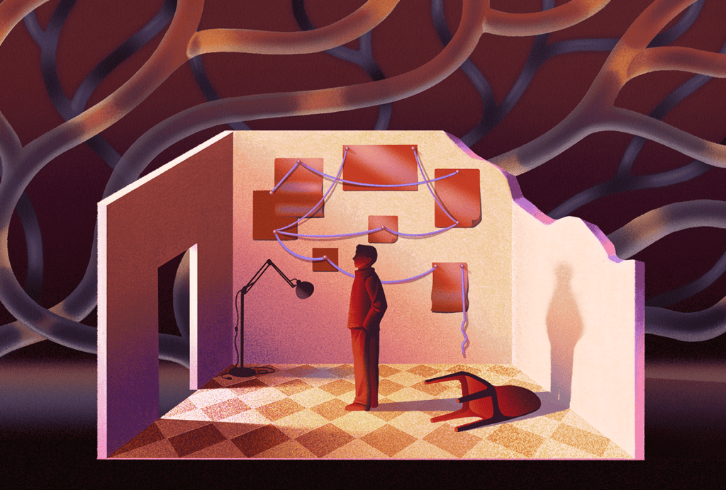 Illustration of a person standing in a crumbling room with papers and strings on the wall, a fallen chair, and a lamp.