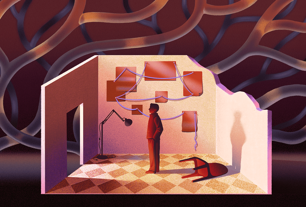 Illustration of a person standing in a crumbling room with papers and strings on the wall, a fallen chair, and a lamp.