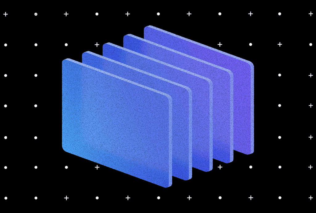 Illustration of five purple rectangles arranged three-dimensionally like folders on a black background with a pattern of white dots and white plus signs.